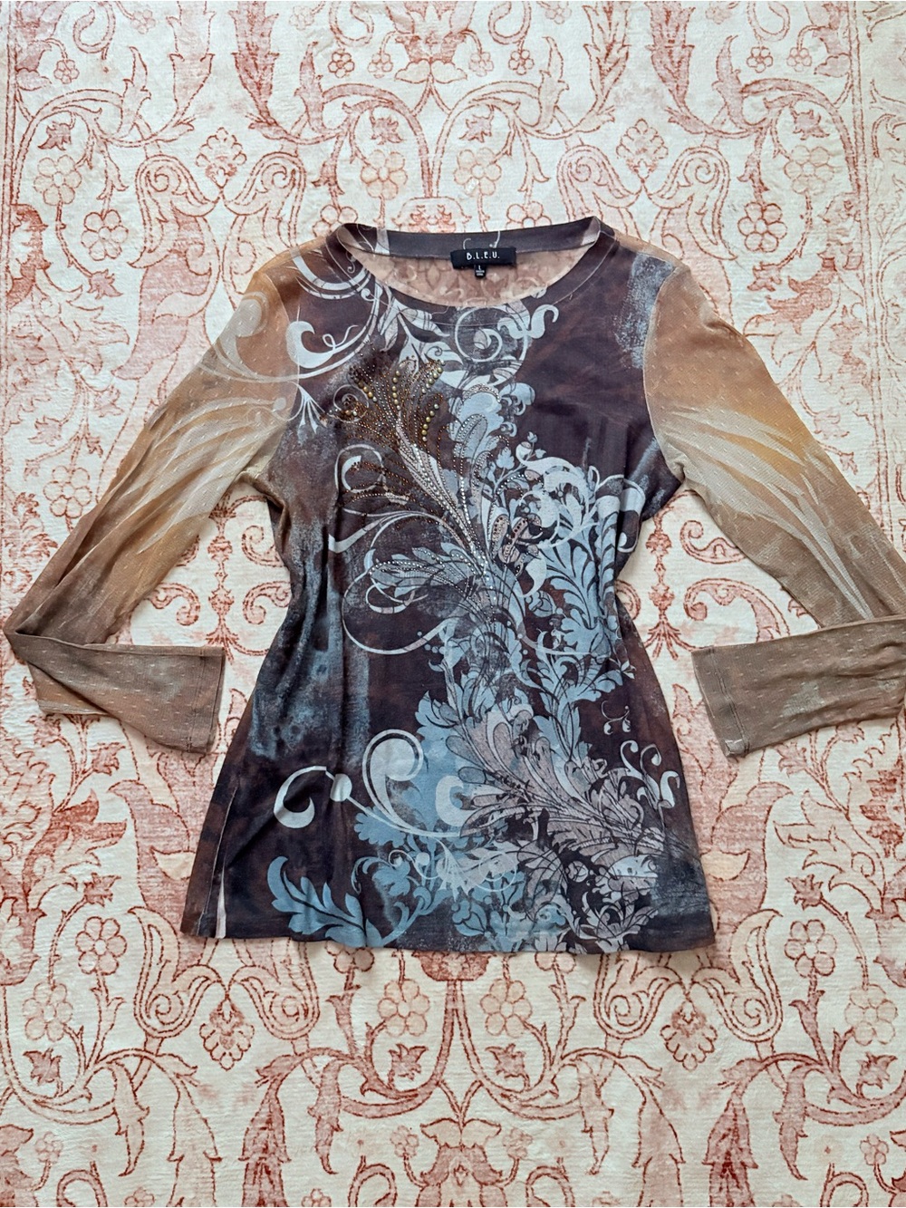 B.L.E.U. Brown and Blue Floral Scroll Long Sleeve Top